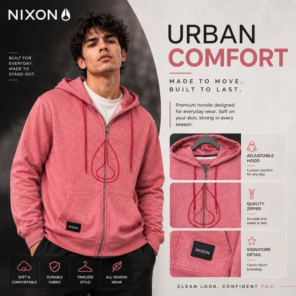 Nixon Men's Red Heather Full Zip Hoodie Size M